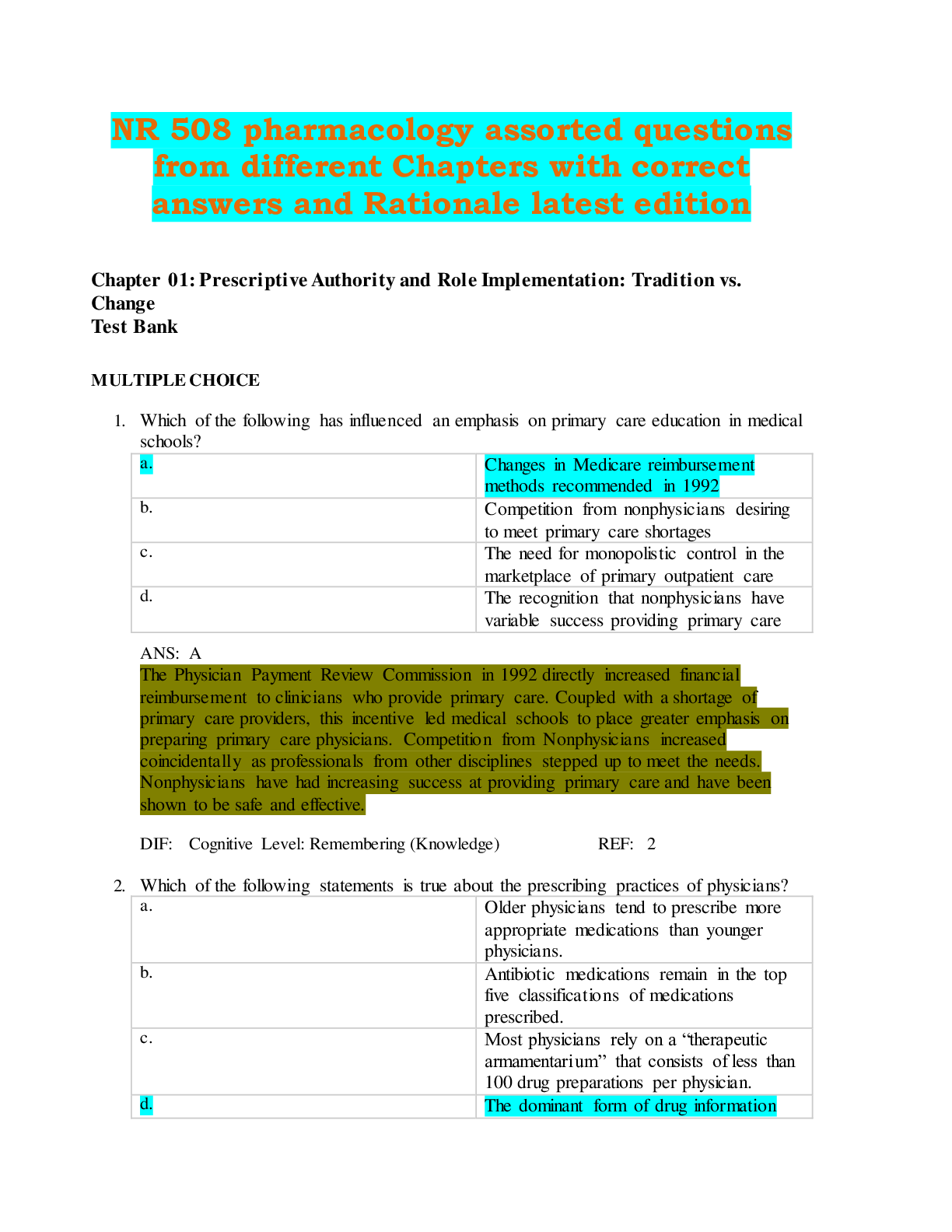 NR 508 pharmacology assorted questions from different Chapters with correct answers and Rationale latest edition